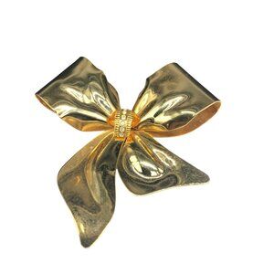 Vintage TONA Gold Tone Bow Brooch, Large Christmas Ribbon with Crystal Accents